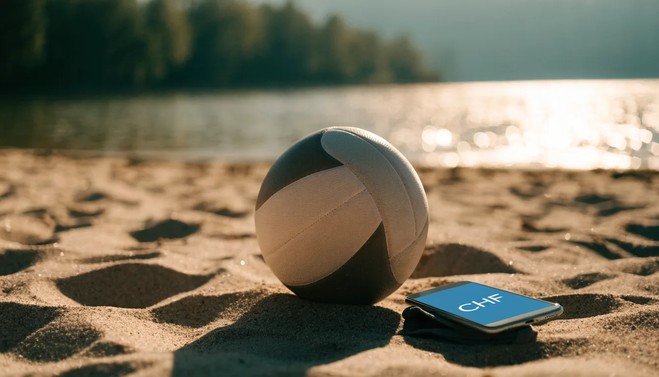 Ein Volleyball liegt auf dem Sand eines Strandfeldes am Seeufer, im Hintergrund glitzert das Wasser.