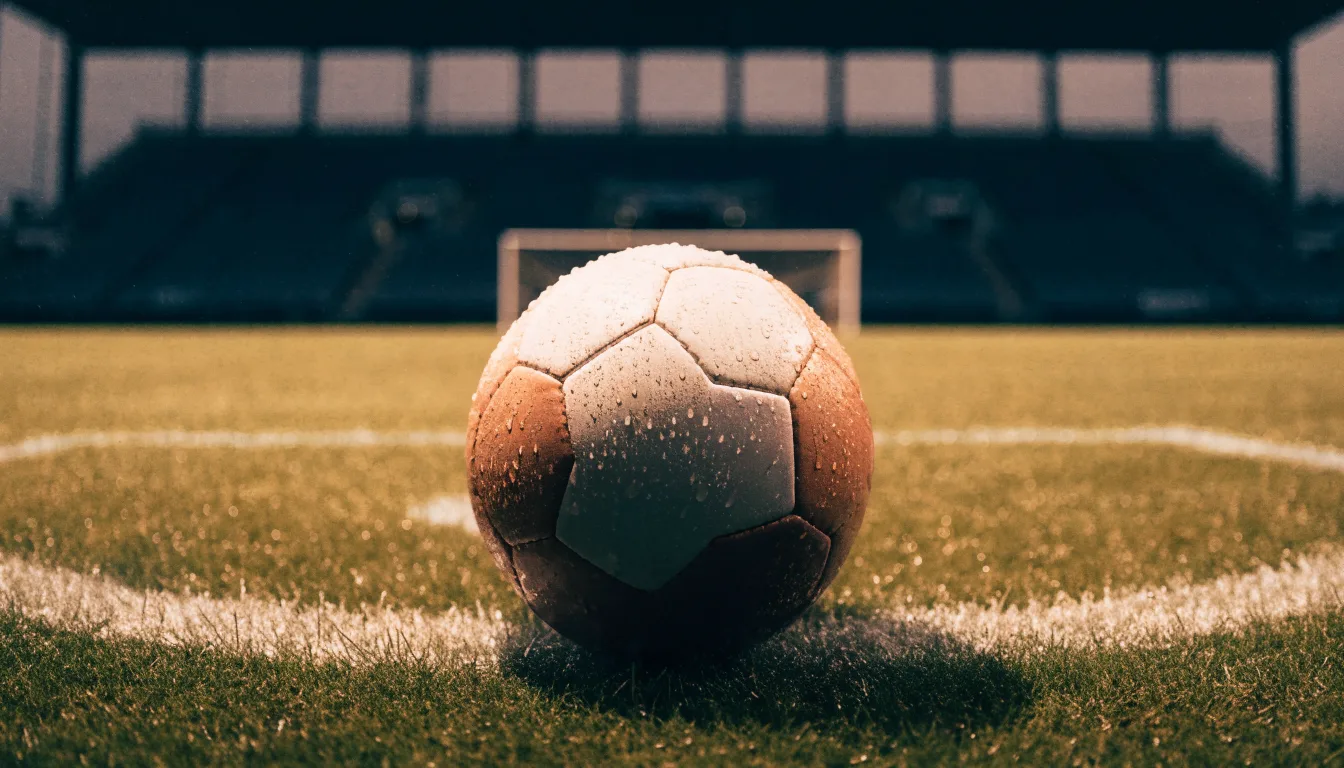 Ein einzelner Fussball liegt auf dem Elfmeterpunkt eines leeren Strafraums, der Rasen glänzt nass.