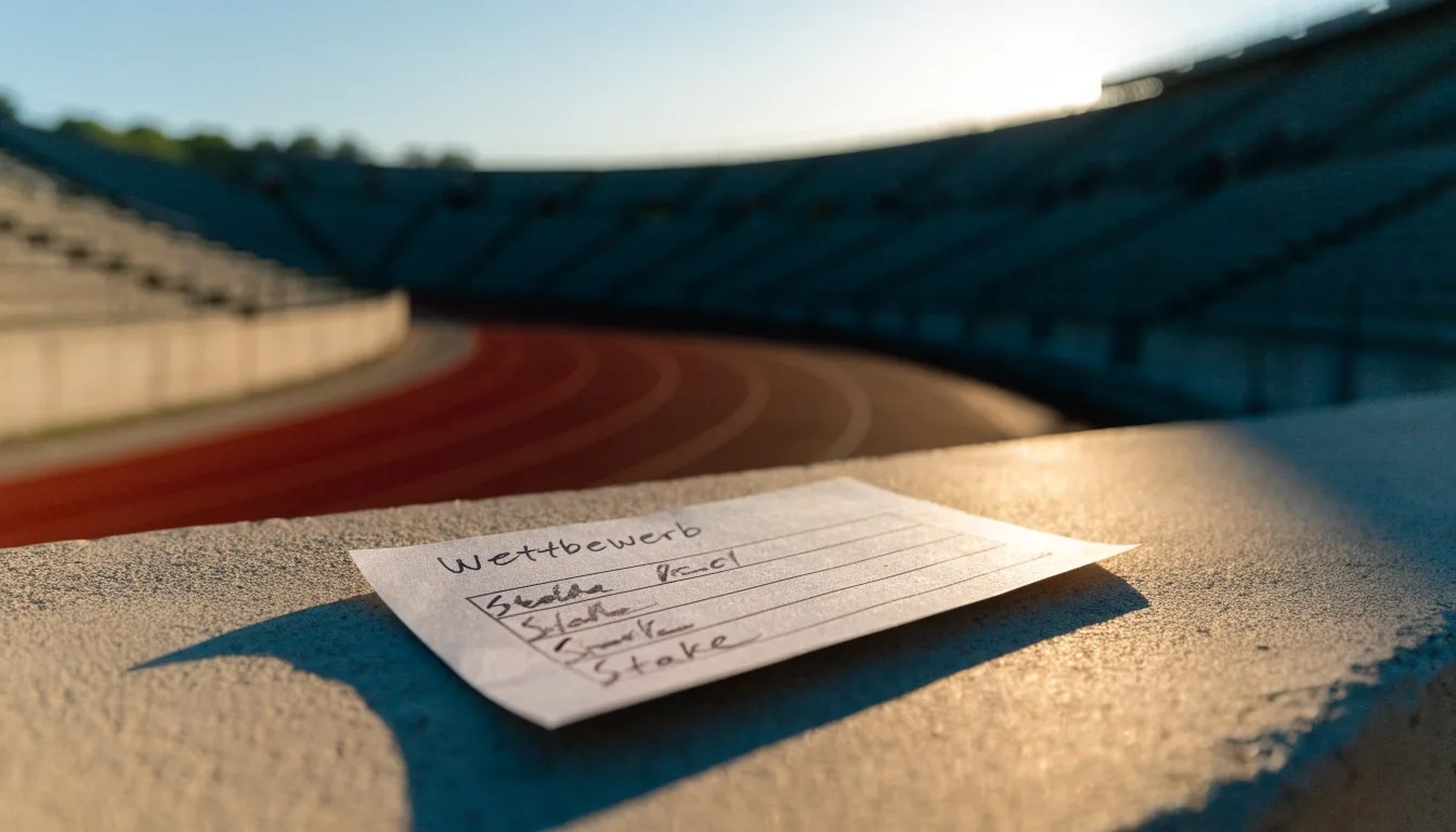 Eine rote Laufbahn in einem leeren Stadion bei Sonnenaufgang, die Bahnen ziehen sich in die Kurve.