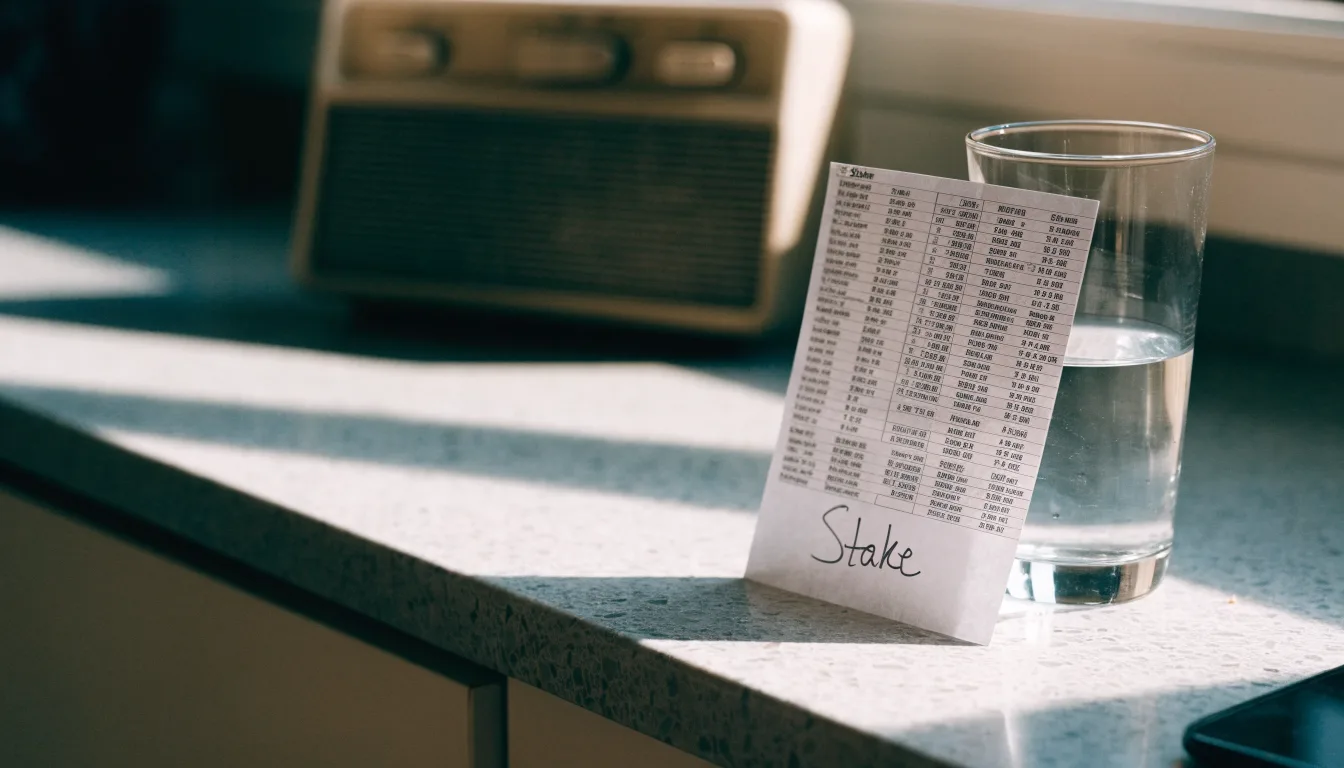 Ein altes Radio steht auf einer Küchenablage neben einem Glas Wasser, Morgenlicht fällt durchs Fenster.