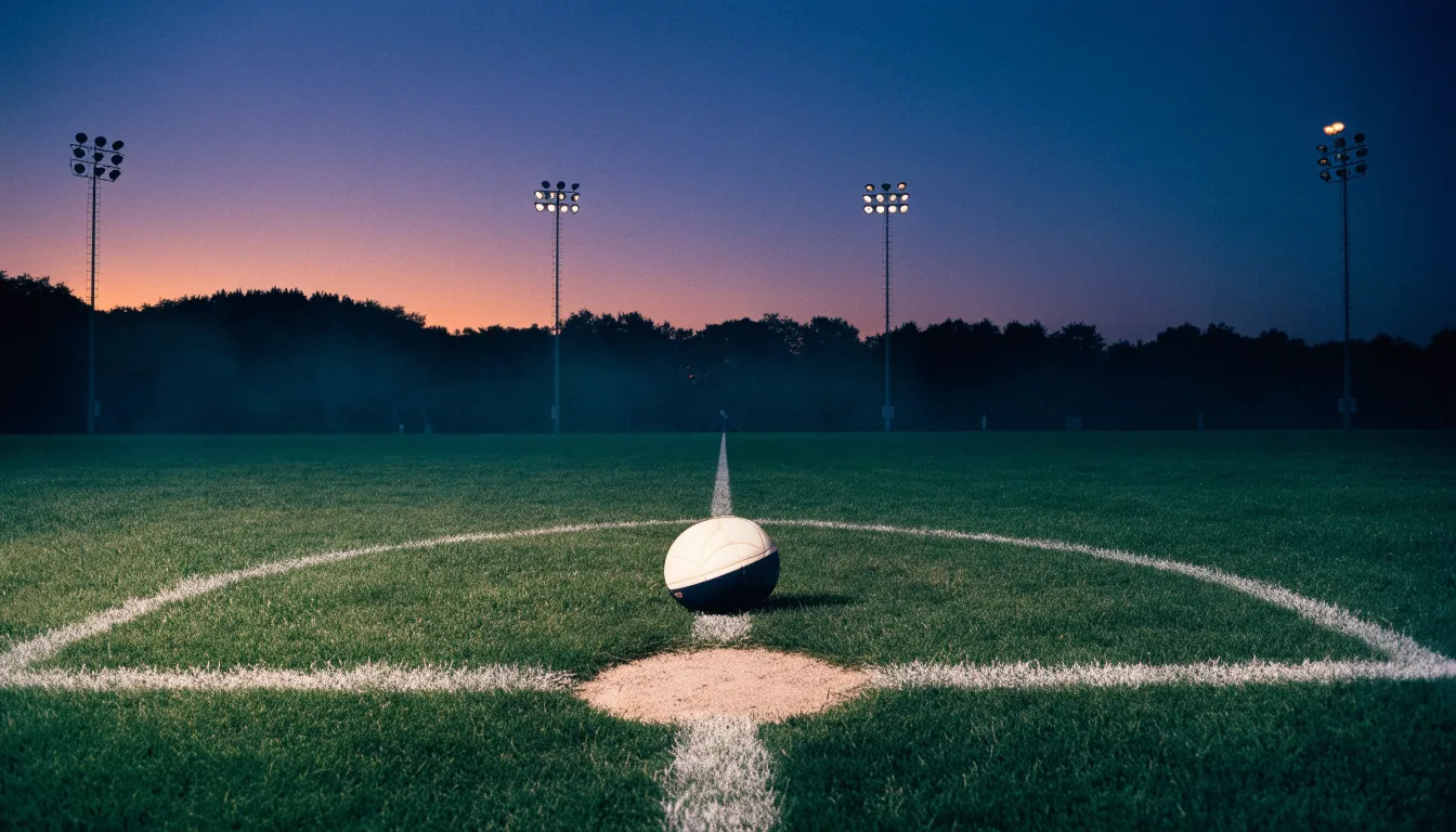 Ein Fussball liegt auf dem Mittelpunkt eines leeren Rasenplatzes, im Hintergrund ragen Flutlichtmasten in die Abenddämmerung