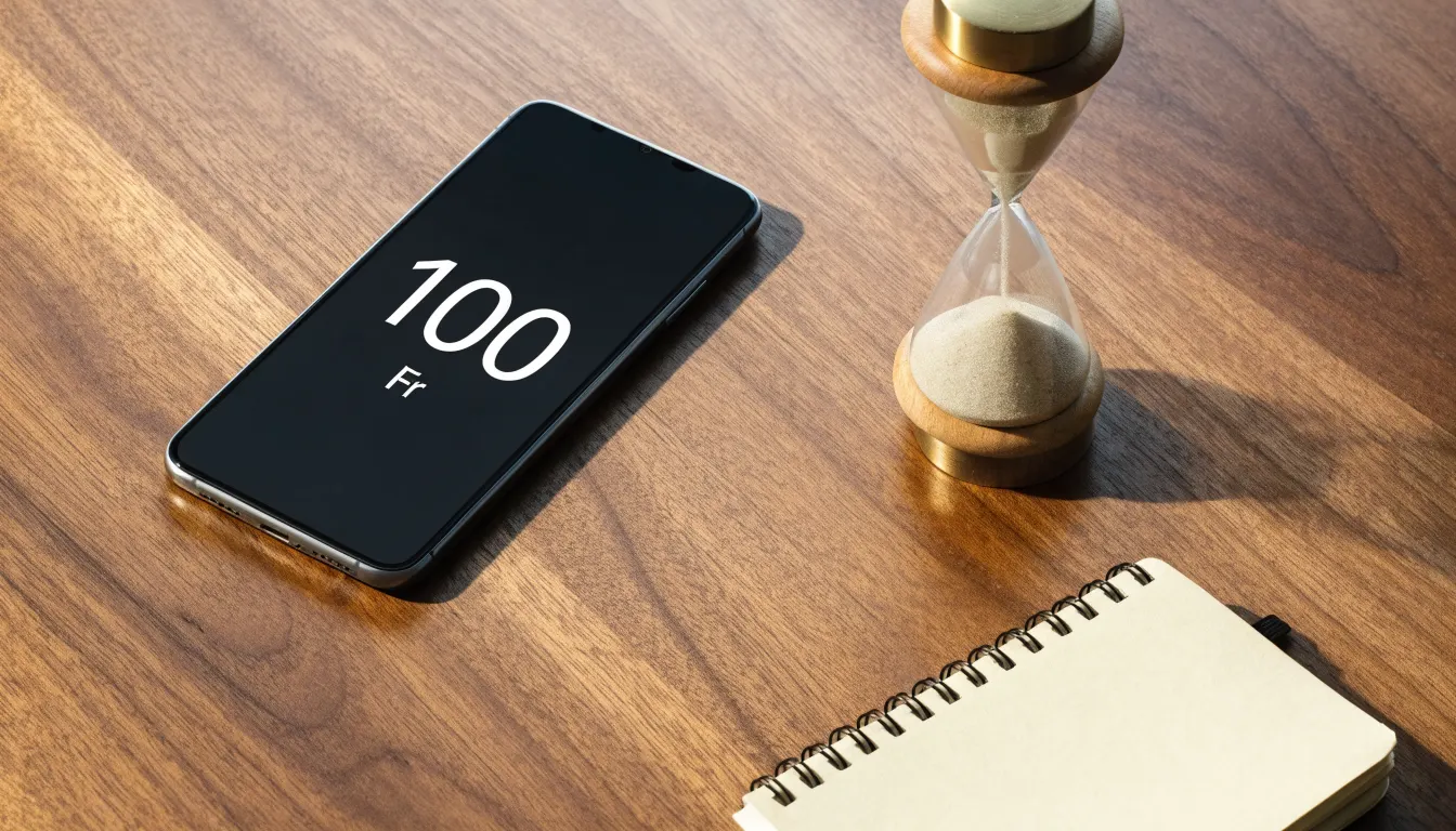 Eine Sanduhr steht neben einem Smartphone mit dunklem Display auf einem Holztisch, ruhiges Tageslicht fällt von der Seite ein