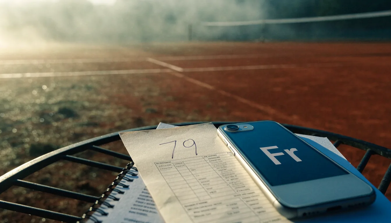Ein Tennisplatz mit Sandbelag in der Morgendämmerung, Netz und Linien liegen im ersten Licht, Nebel hängt über dem Boden