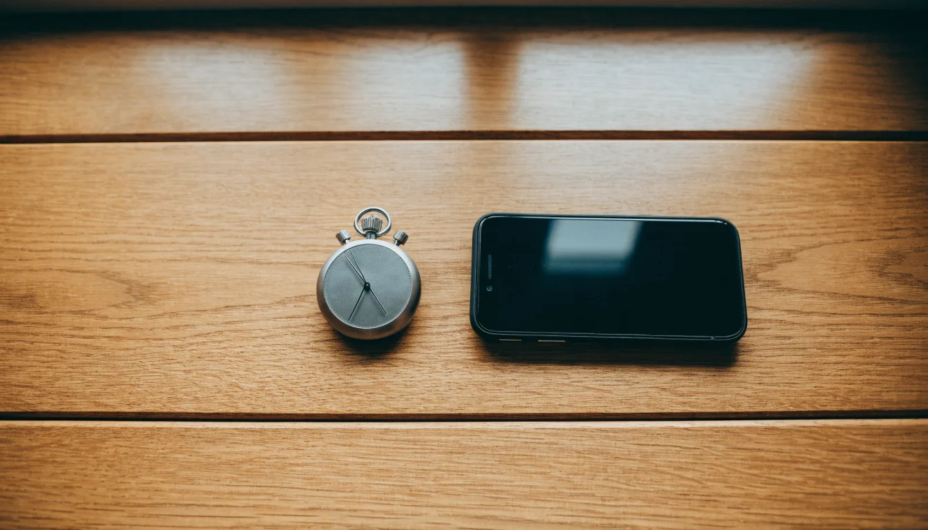 Eine Stoppuhr und ein Smartphone mit dunklem Display liegen nebeneinander auf einem Holztisch, weiches Fensterlicht