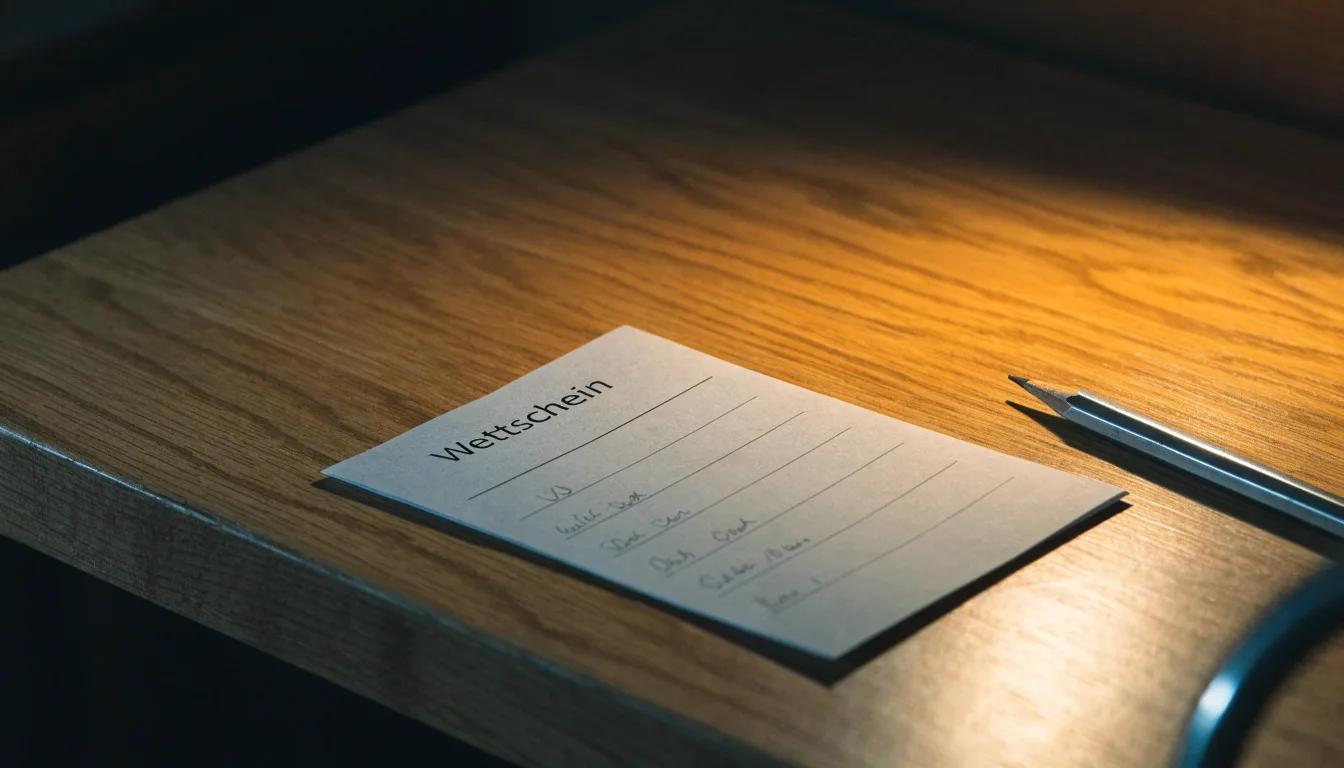 Ein leerer Wettschein aus Papier und ein Bleistift liegen auf einem Holztresen, warmes Licht einer Lampe