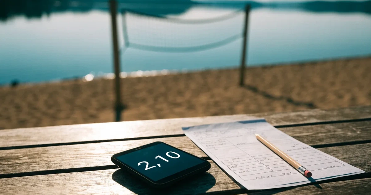 Ein Volleyballnetz am Sandstrand eines Sees, späte Nachmittagssonne, das Wasser liegt glatt im Hintergrund