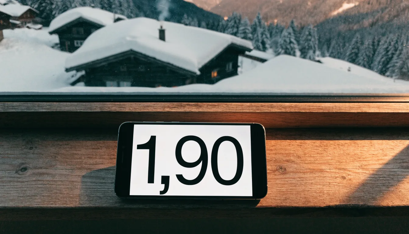 Ein Bergdorf mit Holzhäusern im Schnee, Rauch steigt aus einem Kamin, später Nachmittag mit tiefem Licht