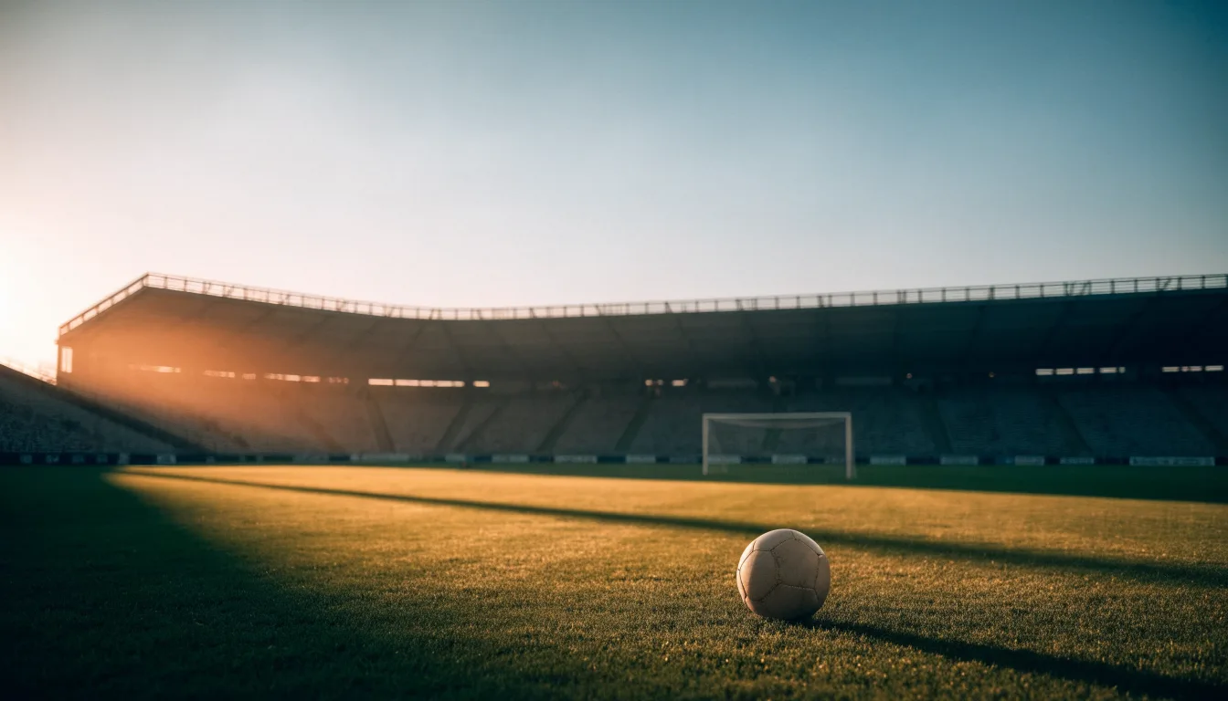 Eine leere Stadiontribüne bei Sonnenaufgang aus der Ferne, lange Schatten fallen über die Sitzreihen