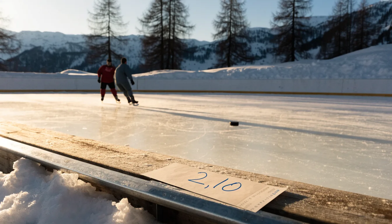 Ein Eishockeyfeld im Freien auf einem zugefrorenen See, Schneewehen an den Banden, klare Winterluft