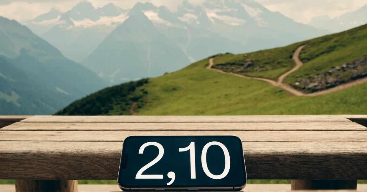Zwei Wanderwege gabeln sich auf einer Wiese, dahinter steht eine Bergkette im Dunst