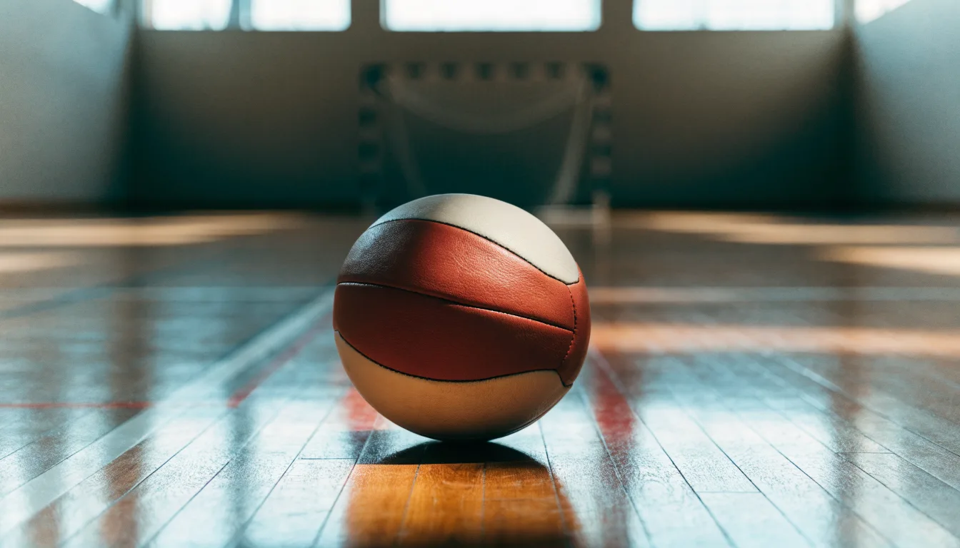 Ein Handball liegt auf dem Hallenboden einer leeren Sporthalle, Streifen von Licht aus den Oberlichtern
