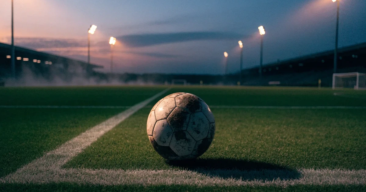 Ein Fussball liegt auf dem Anstosspunkt eines leeren Rasenplatzes in der Abenddämmerung, im Hintergrund leuchten Flutlichtmasten.