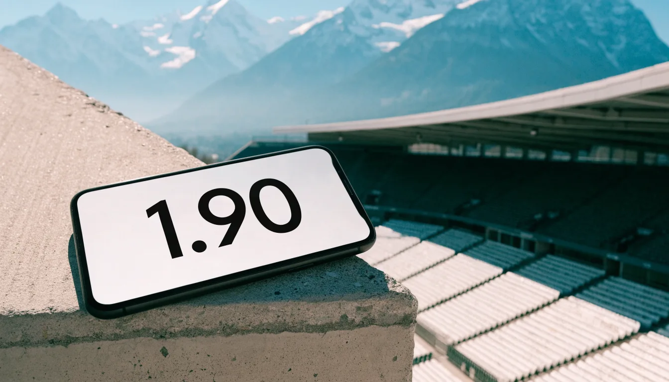 Schneebedeckte Berggipfel erheben sich im klaren Morgenlicht hinter einem leeren Stadion mit hellen Zuschauerrängen.