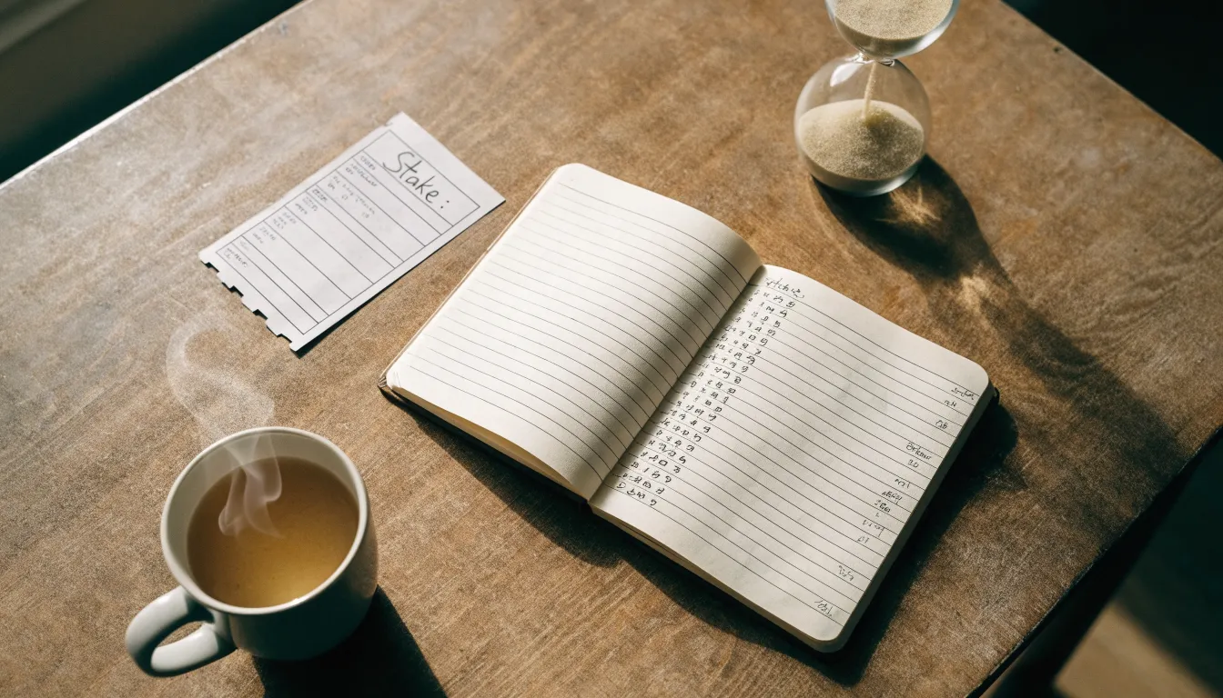 Eine Sanduhr steht neben einem Notizbuch mit handschriftlichen Notizen auf einem Holztisch, daneben dampft eine Tasse Tee.