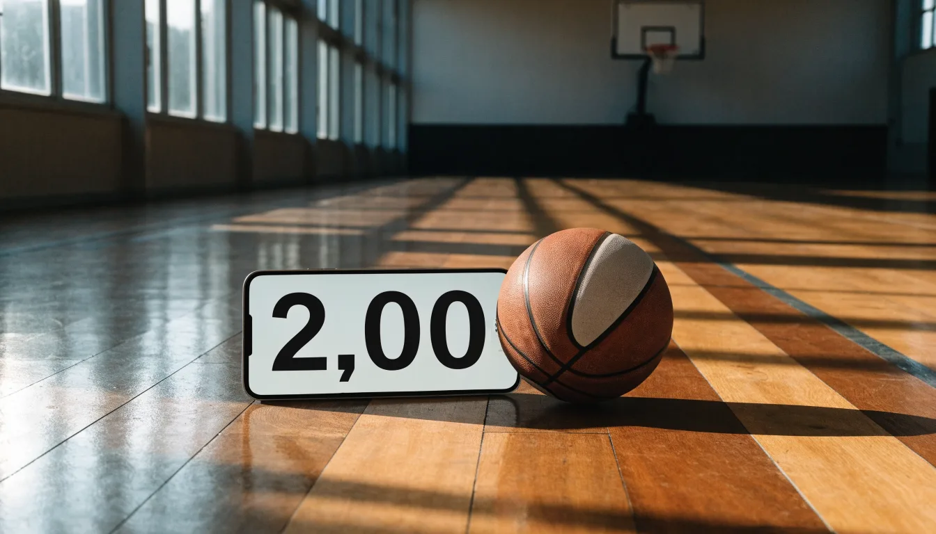 Ein Basketball ruht auf dem polierten Parkett einer leeren Halle, Nachmittagslicht fällt durch hohe Fenster.