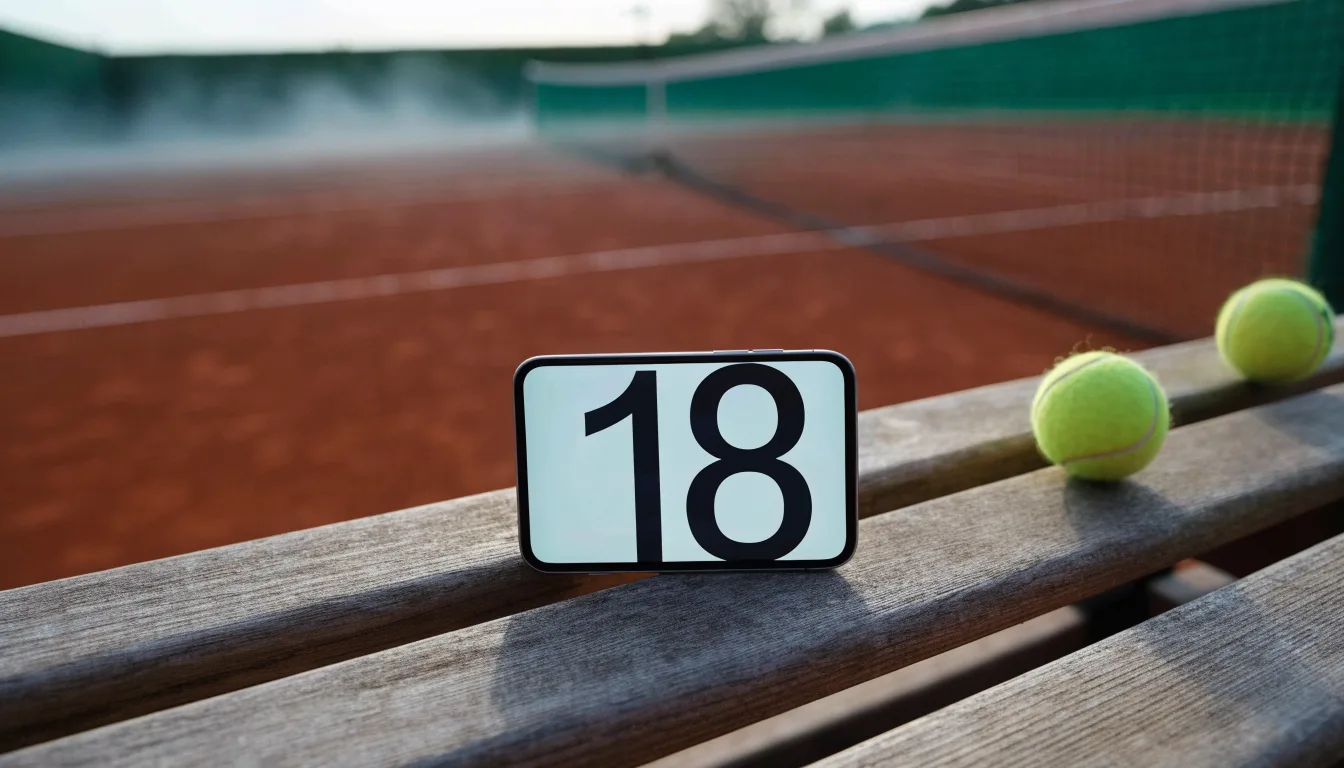 Ein gepflegter Tennisplatz im Morgengrauen, über der Grundlinie hängt leichter Nebel und die Bänke am Rand sind leer.