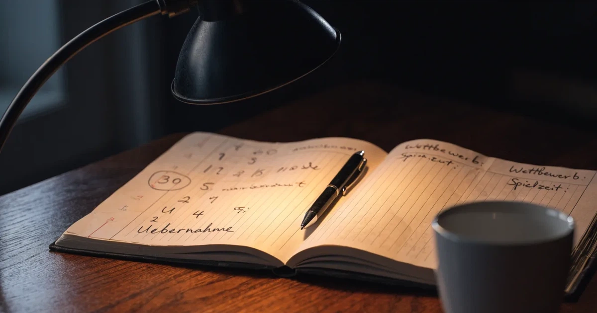 Eine Schreibtischlampe beleuchtet am späten Abend einen Block mit handschriftlichen Notizen und einen Stift.