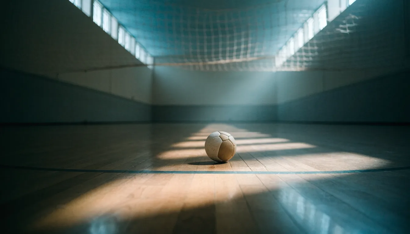 Ein Handball liegt am Rand des Torraums in einer leeren Sporthalle, Licht fällt durch Oberlichter auf den Hallenboden.