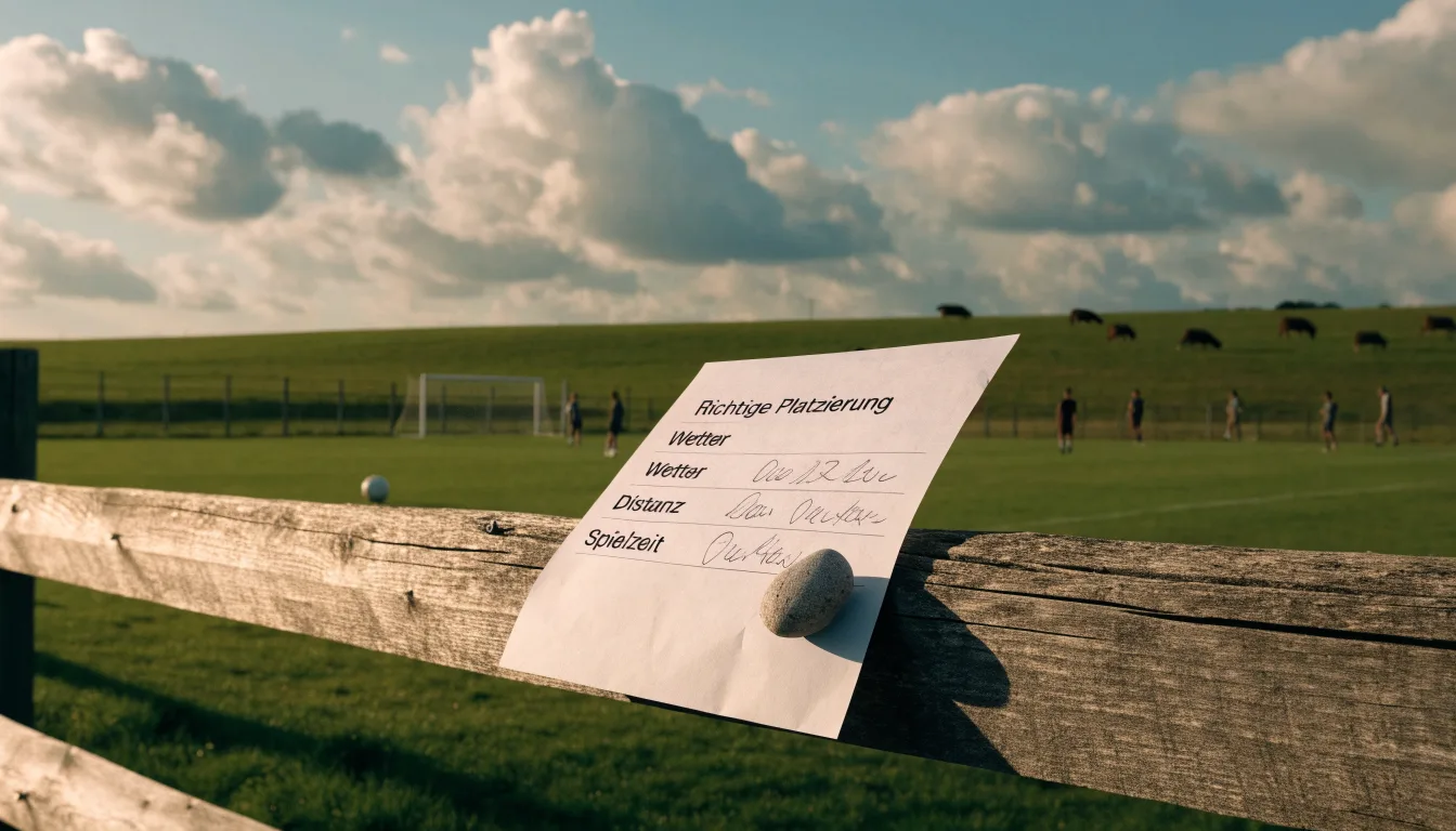 Ein Dorffussballplatz mit Holzzaun am Hang, dahinter grasen Kühe auf einer Weide unter hohen Wolken.