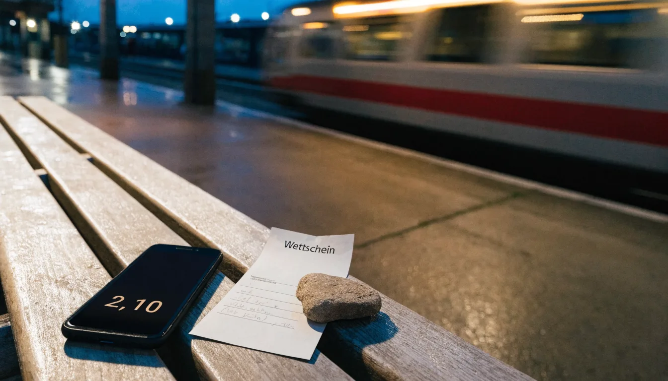 Ein Bahnsteig in der Abenddämmerung, ein Regionalzug fährt unscharf ein und Lichter spiegeln sich auf dem nassen Beton.