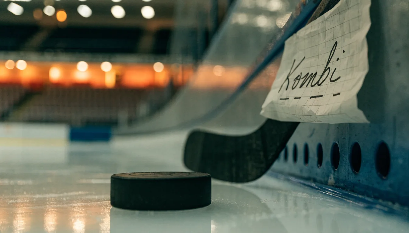 Ein Eishockeypuck und ein Schläger liegen auf einer glänzenden Eisfläche, im Hintergrund verschwimmen leere Banden.