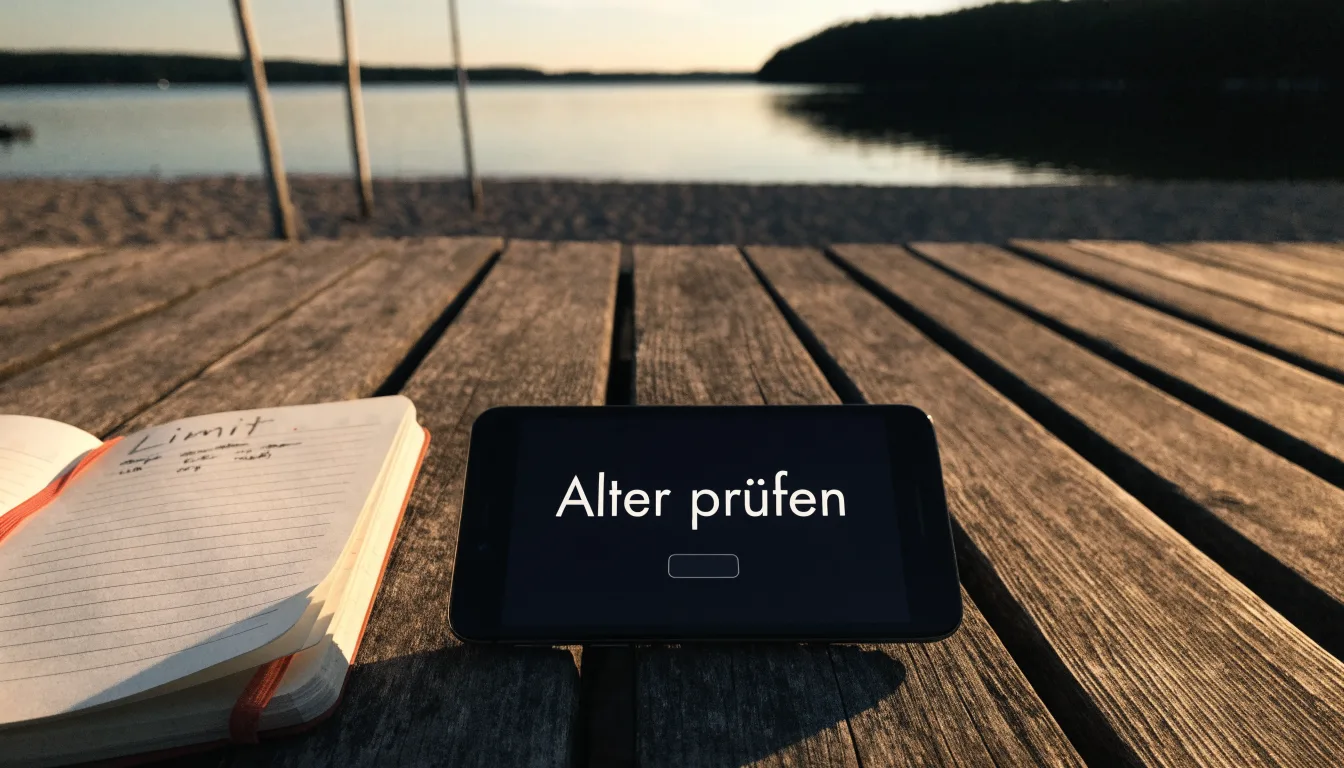 Ein Volleyballnetz steht an einem Seeufer in der Abenddämmerung, der Sand ist leer und das Wasser glatt.