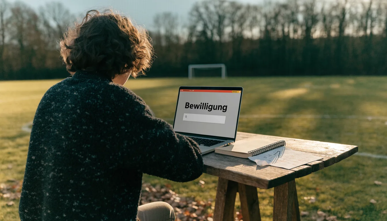 Eine leere Holztribüne steht am Waldrand neben einem kleinen Sportplatz im Herbstlicht.