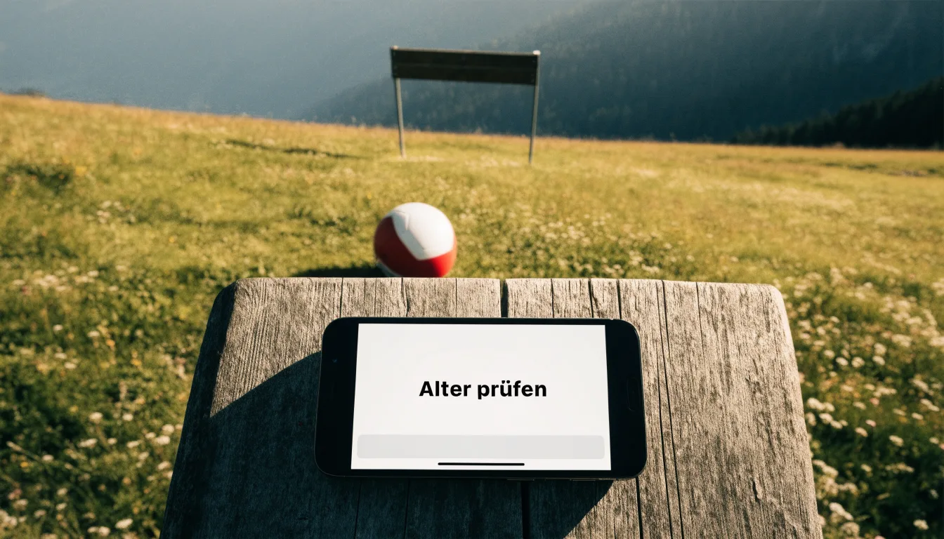 Eine Almwiese mit einem kleinen Holztor für Kinderfussball, dahinter erheben sich bewaldete Hänge im Nachmittagslicht.