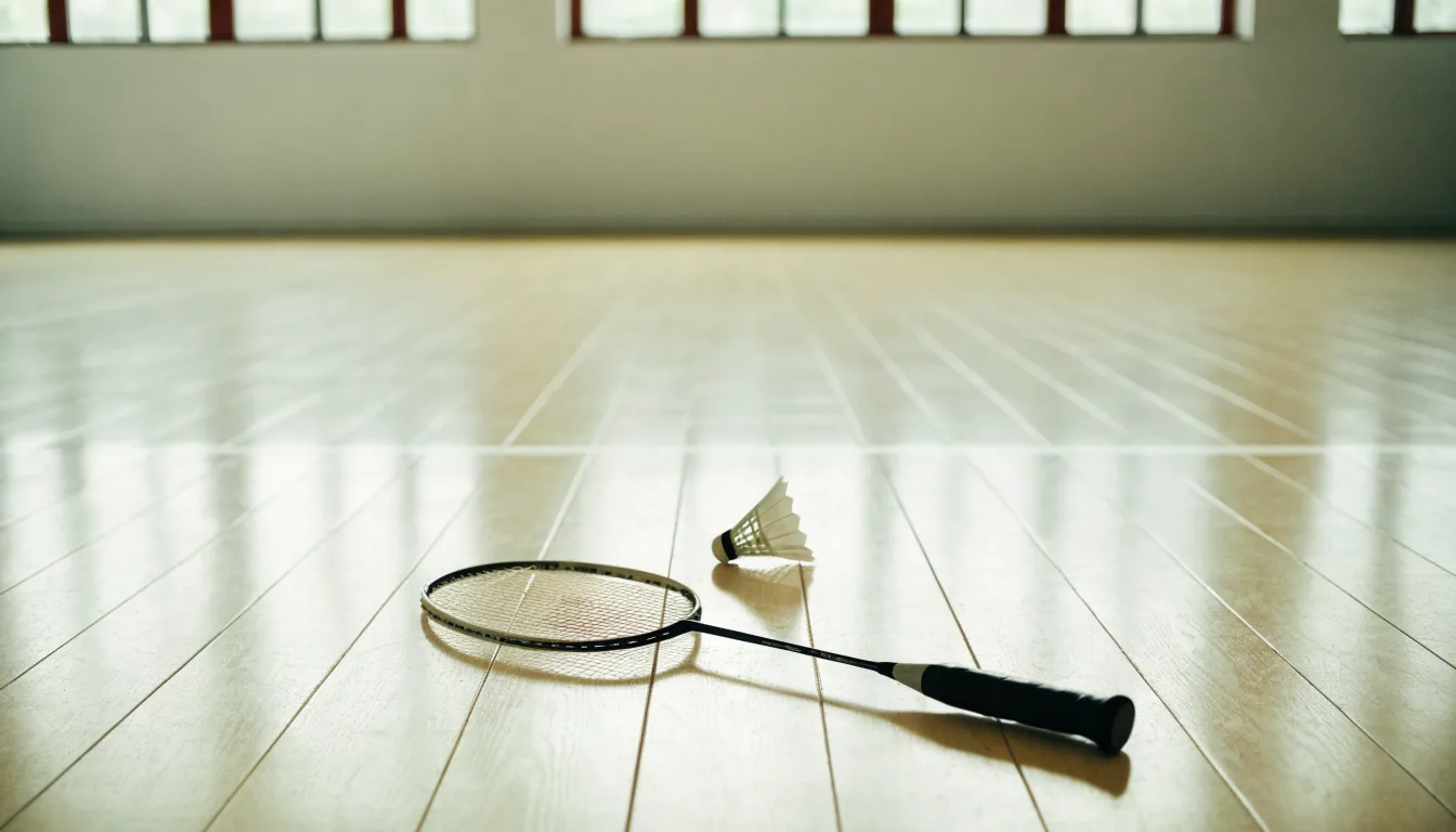 Ein Badmintonschläger liegt neben einem Federball auf dem hellen Hallenboden eines leeren Spielfelds.