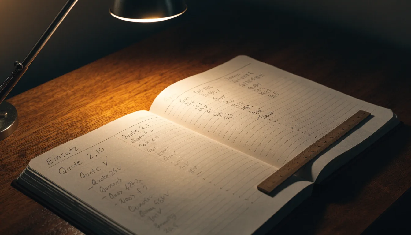 Eine Schreibtischlampe beleuchtet ein kariertes Heft mit handschriftlichen Skizzen, daneben liegt ein Lineal aus Holz.