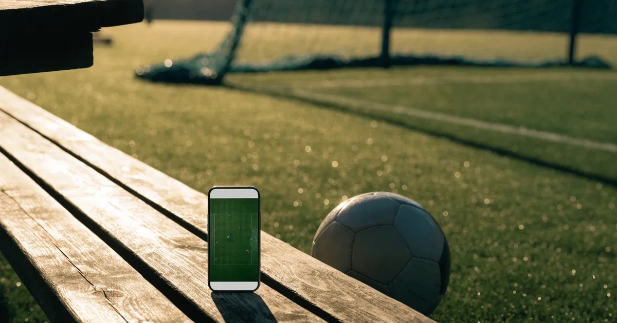 Ein Smartphone mit dunklem Bildschirm liegt neben einem Fussball auf einer Holzbank am Rand eines Trainingsplatzes im Morgenlicht.