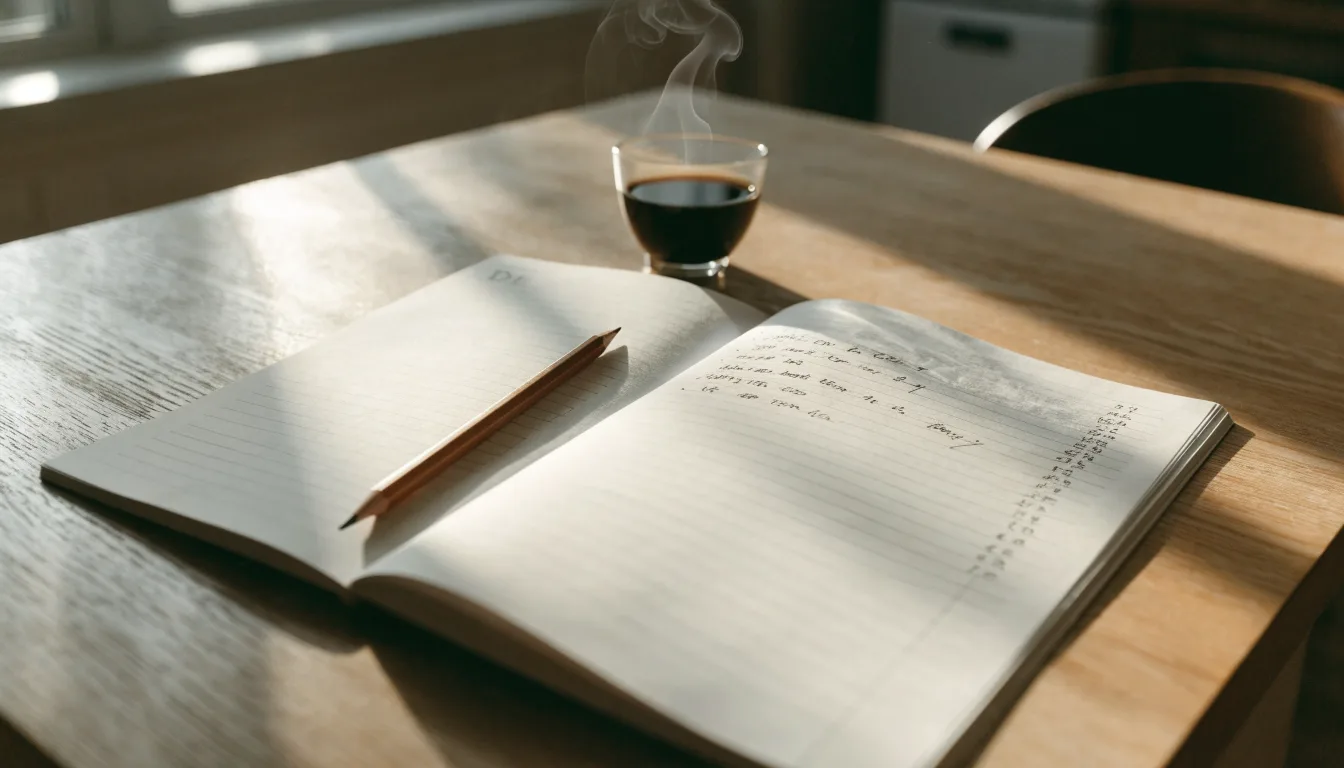 Eine Tasse Kaffee und ein Bleistift liegen auf einem sonnenbeschienenen Küchentisch neben einem leeren Notizblock.