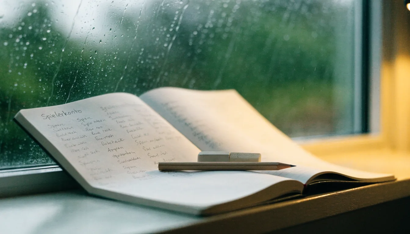 Ein Zeichenblock mit einem Bleistift und einem Radiergummi liegt auf einem Fensterbrett, draussen fällt Regen.