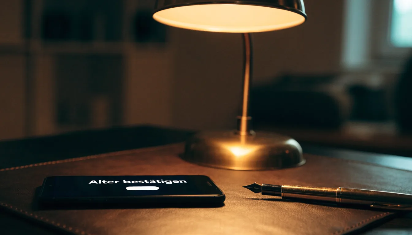 Ein Füllfederhalter liegt auf einer leeren Schreibunterlage aus Leder neben einer Messinglampe.