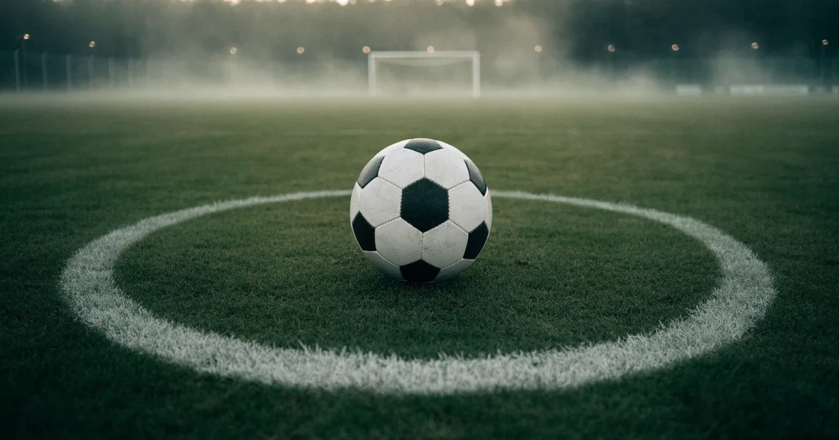 Ein Fussball liegt auf dem Anstosspunkt eines leeren Rasenplatzes im dichten Morgennebel.