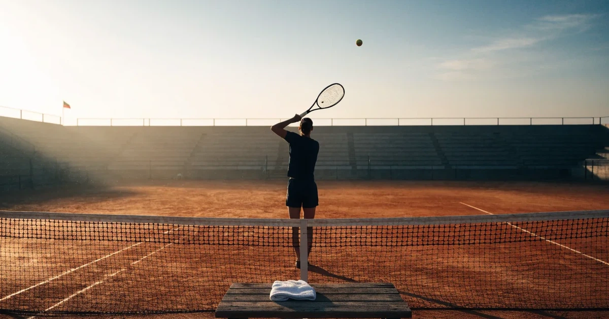 Ein Tennisplatz bei Sonnenaufgang mit gespanntem Netz und feuchtem Sandbelag, niemand steht auf dem Platz.