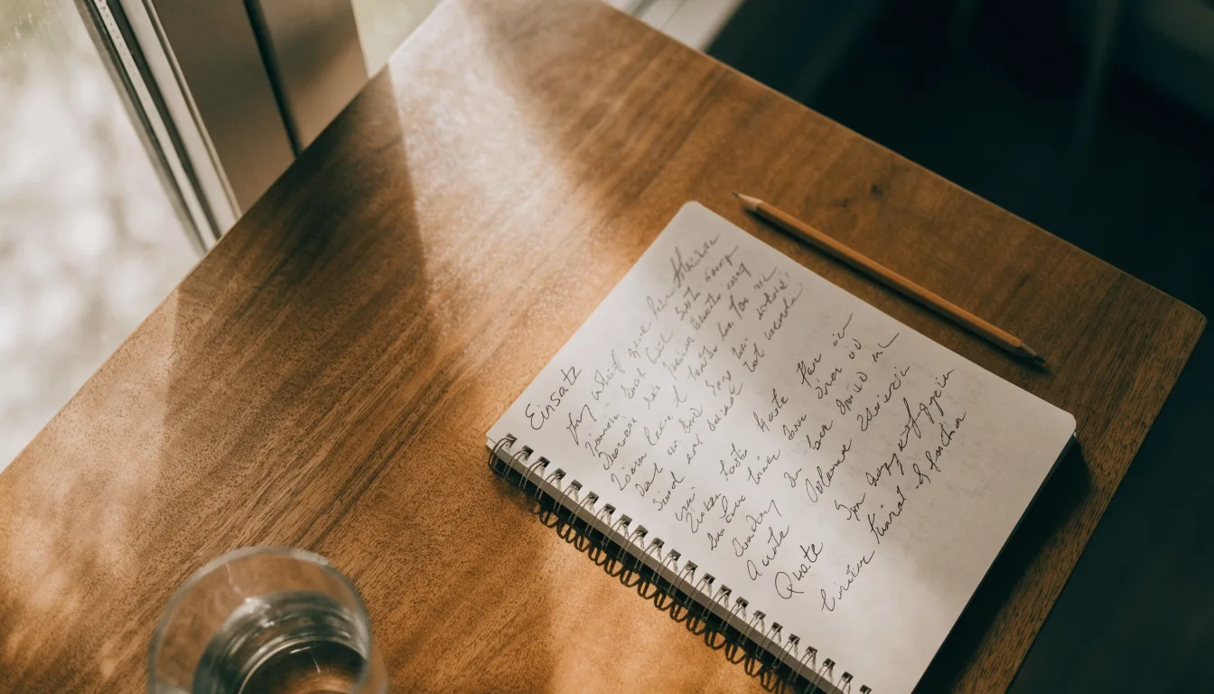 Ein aufgeschlagenes Notizbuch mit handschriftlichen Spalten und ein Bleistift liegen auf einem Holztisch neben einem Fenster.