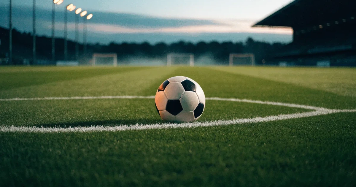 Ein Fussball liegt auf dem Anstosspunkt eines leeren Rasenplatzes, im Hintergrund glimmen Flutlichtmasten im Abendlicht.