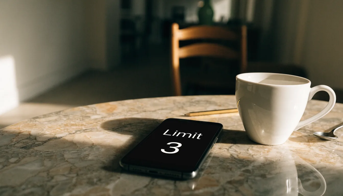 Ein Smartphone liegt mit der Rückseite nach oben auf einem Kaffeehaustisch neben einer Tasse und einem Löffel.