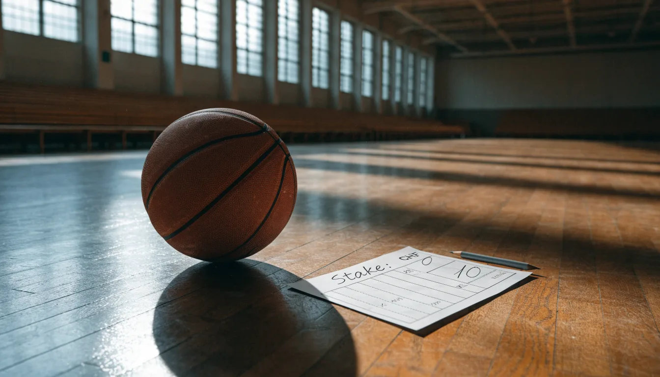 Ein Basketball ruht auf dem Parkett einer leeren Sporthalle, durch hohe Fenster fällt Tageslicht.