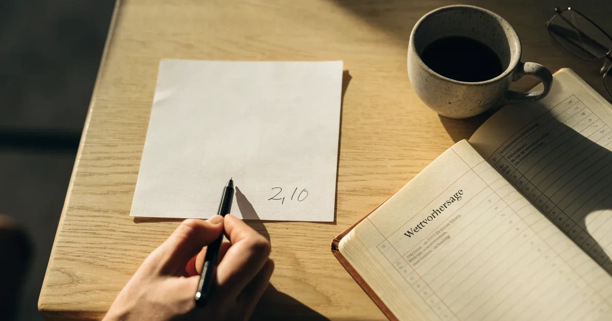 Eine Hand hält einen Stift über einem leeren Blatt, daneben eine Tasse Kaffee auf einem hellen Tisch.