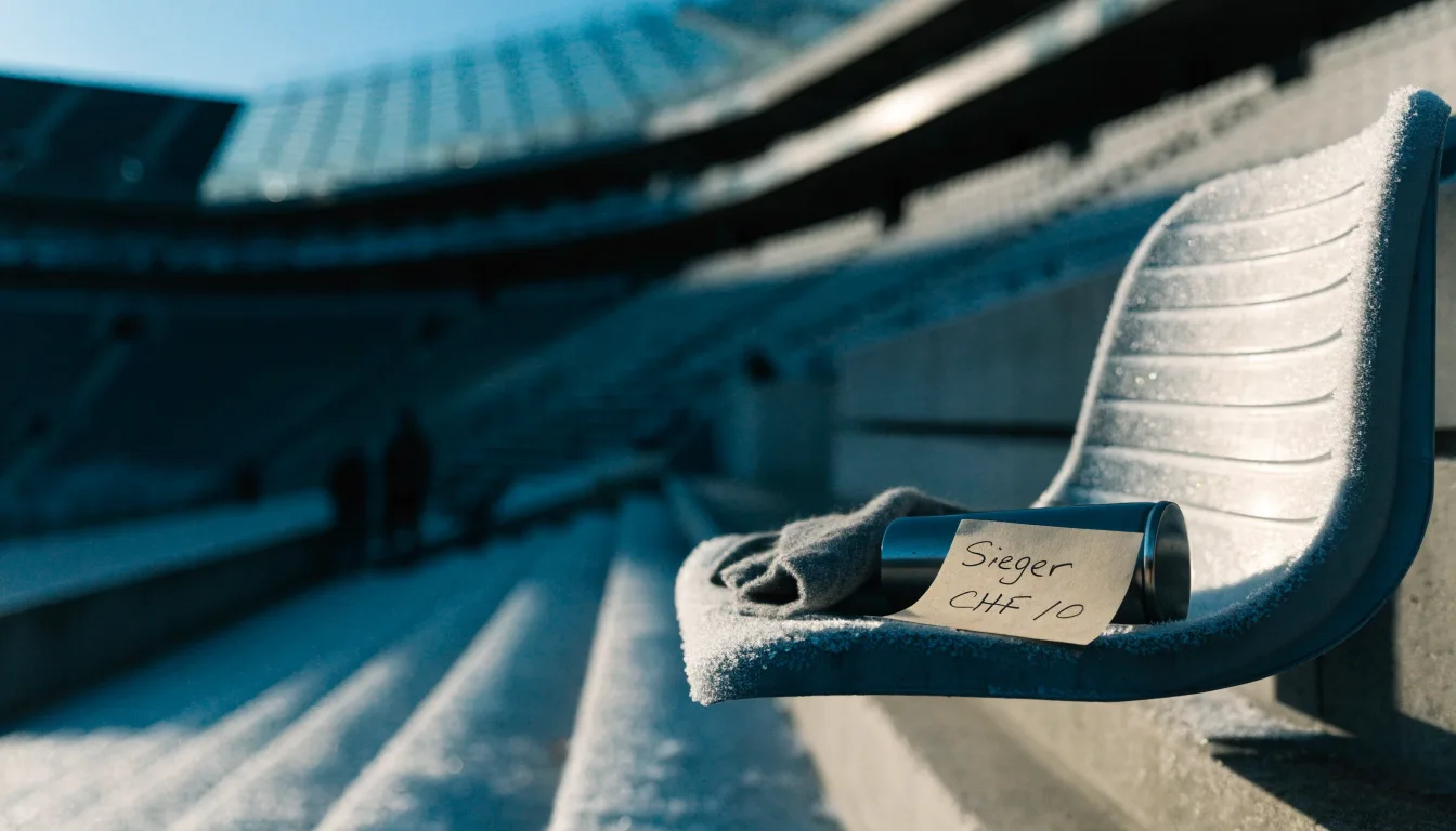 Ein grauer Wollschal und eine Thermoskanne liegen auf einem Sitz im winterlichen Stadion, Raureif liegt auf den Stufen.